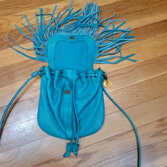 Lucky Brand Teal Leather Fringe Drawstring Crossbody Bag OS  LUCK Brand - Picture 2 of 6